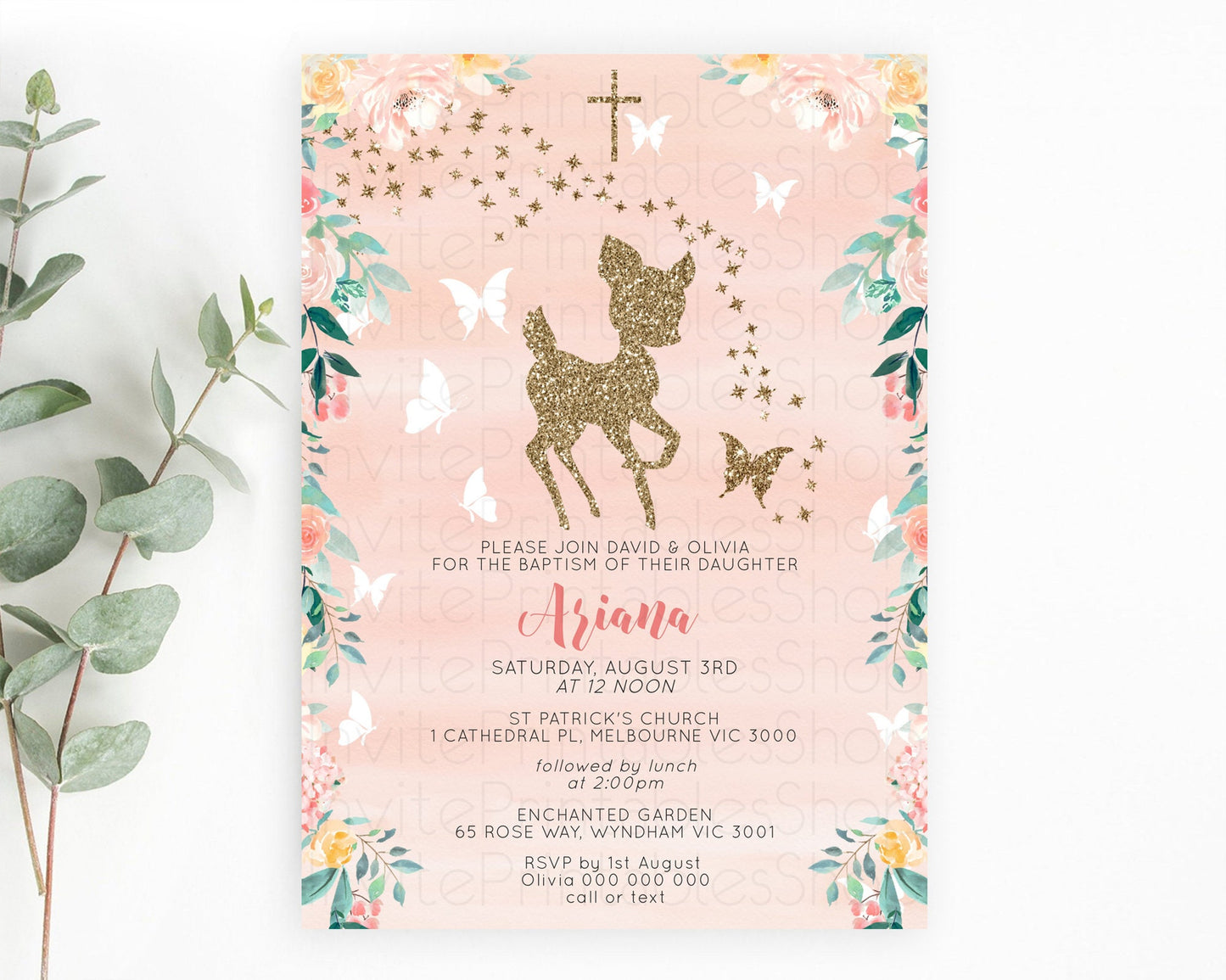 Fawn Baptism Invitation Deer Baptism 1st Birthday Invitation Enchanted Forest Christening Invitation Pastel Garden Butterfly Floral D10873