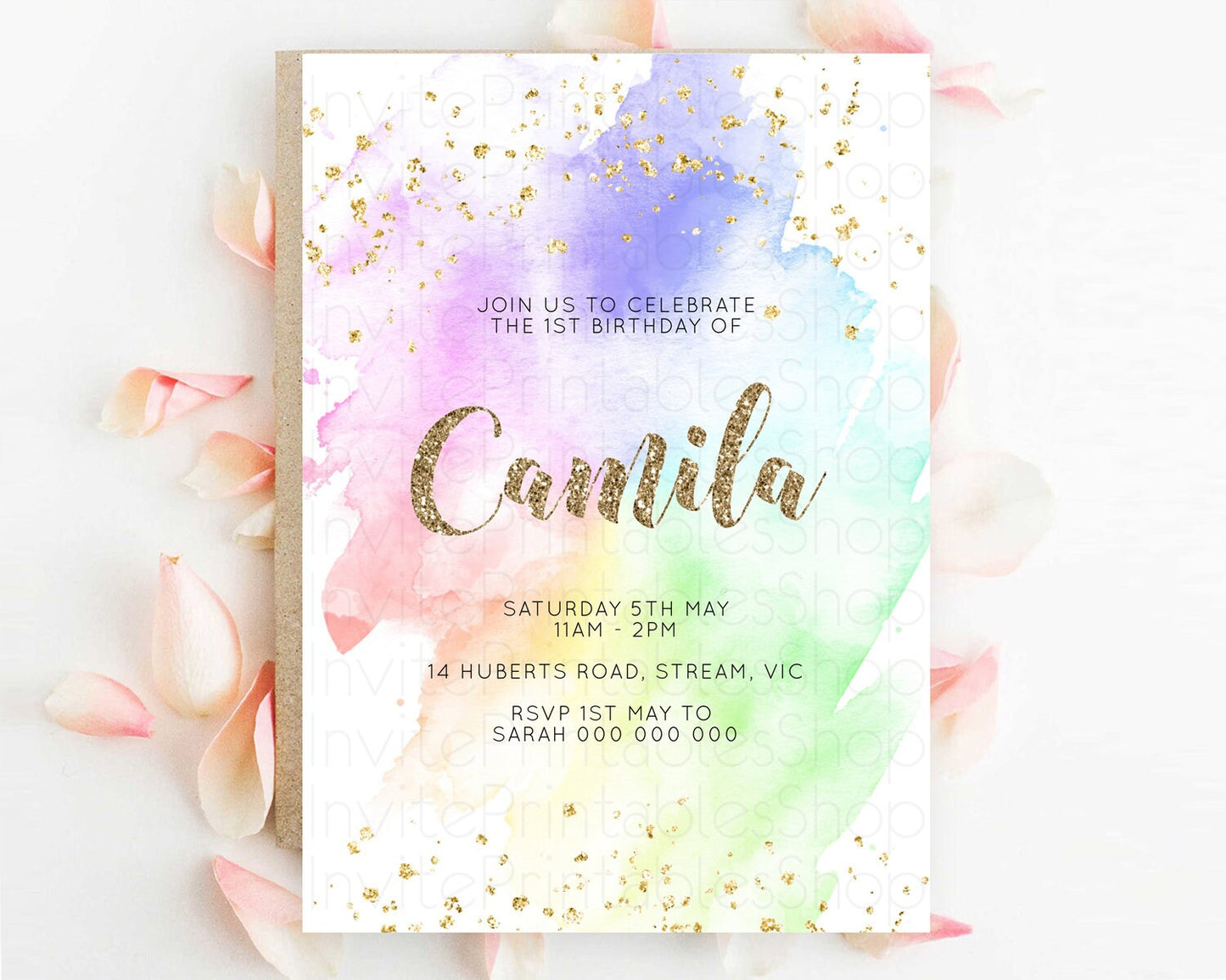 Rainbow Birthday Invitation Colorful Pastel Watercolor Invitation Gold Glitter Sprinkles Ombre Pastel 1st 2nd 3rd Birthday D10319
