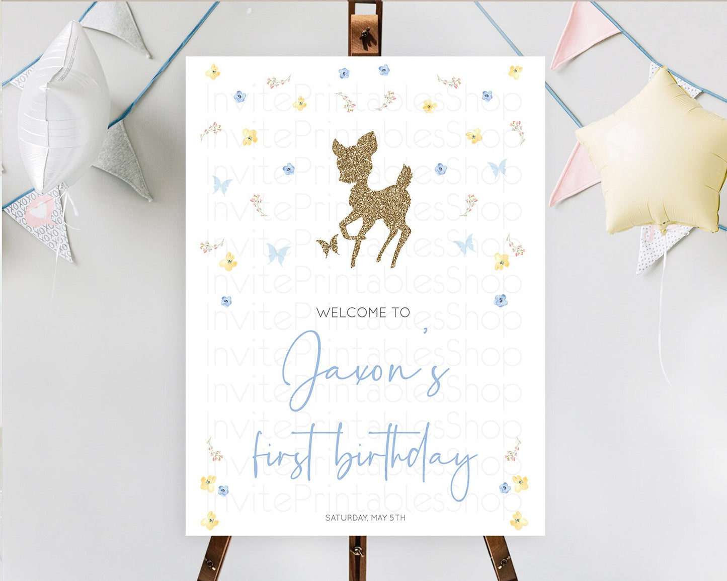 Fawn Welcome Sign Deer Welcome Board Floral Deer Welcome Poster Enchanted Forest Butterfly Pastel Floral First Birthday Welcome Sign D10360