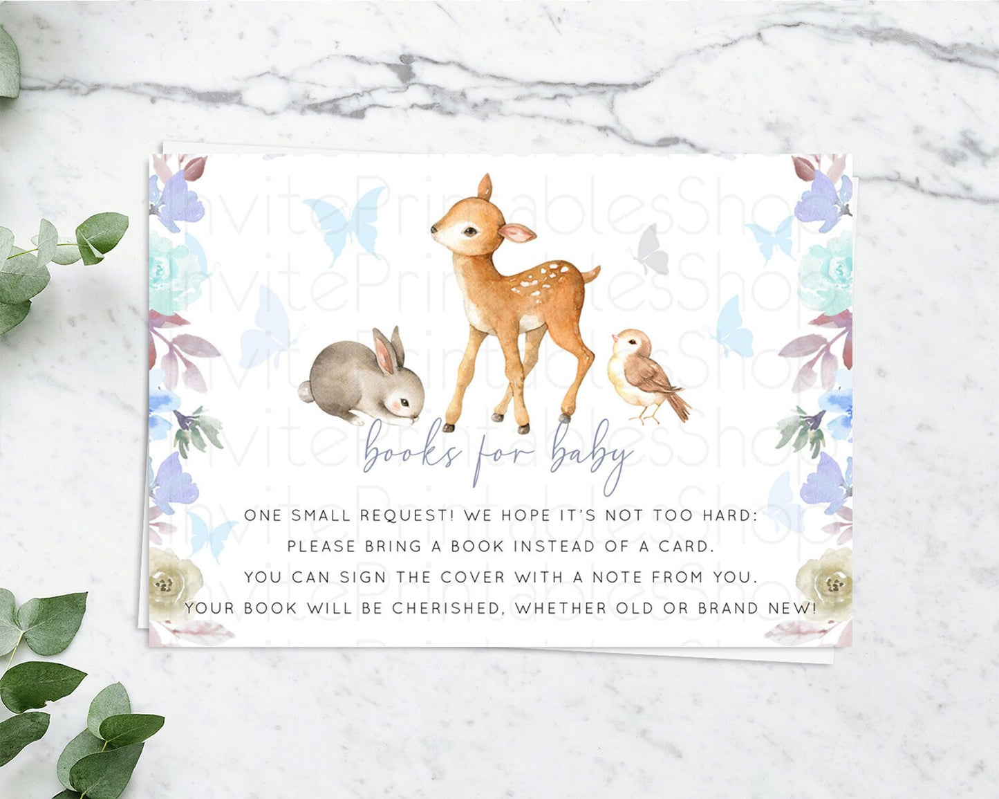 Fawn Books For Baby Card Deer Book Insert Floral Deer Book Card Enchanted Forest Butterfly Pastel Baby Shower Book Poem Request D10929