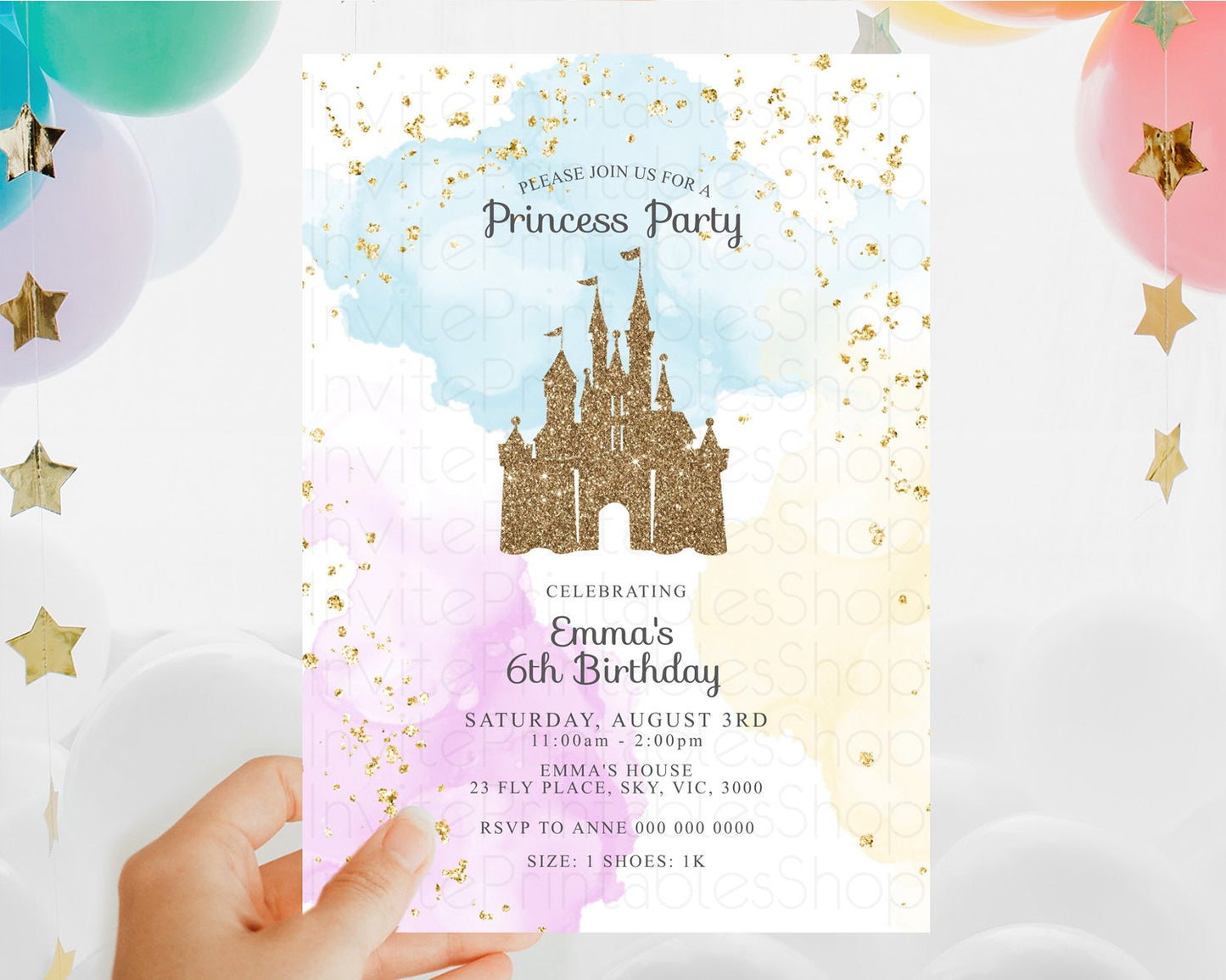 Princess Birthday Invitation Princess Invitation Pastel Invitation Royal Birthday Rainbow Color Enchanted Castle 1st First Birthday D10154