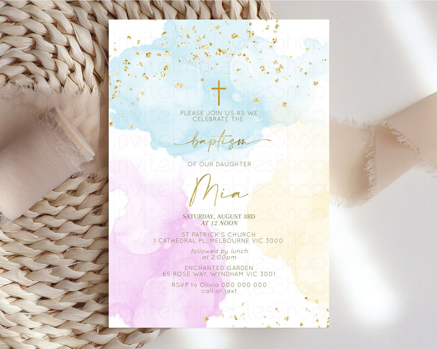 Rainbow Baptism invitation Pastel Rainbow Christening Invite Ombre Watercolor Invite Gold Glitter Sprinkle Splash Cross Religious 190V2