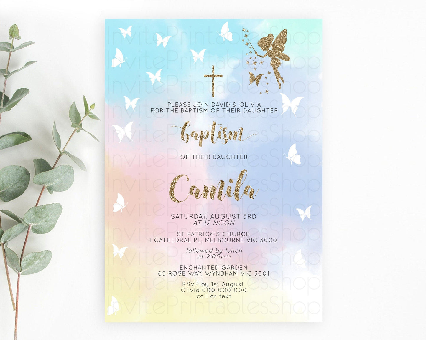 Fairy Baptism Invitation Fairy Baptism 1st Birthday Invitation Enchanted Secret Garden Christening Invite Pastel Floral Butterfly D10894
