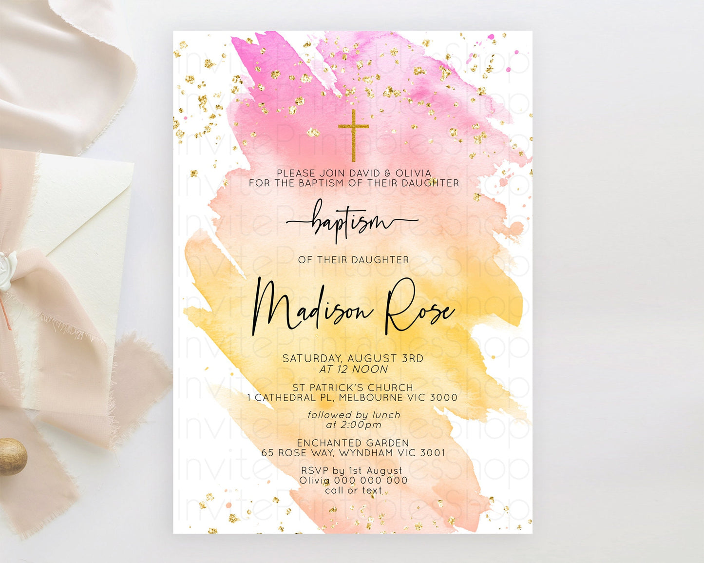 Pastel Baptism Invitation Pastel Colors Watercolor Baptism 1st Birthday Party Gold Ombre Pastel Rainbow Christening Holy Communion D10526