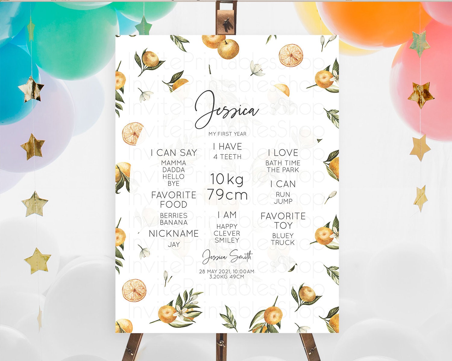 Editable Citrus First Birthday Milestone Board Lemon Milestone Poster Orange