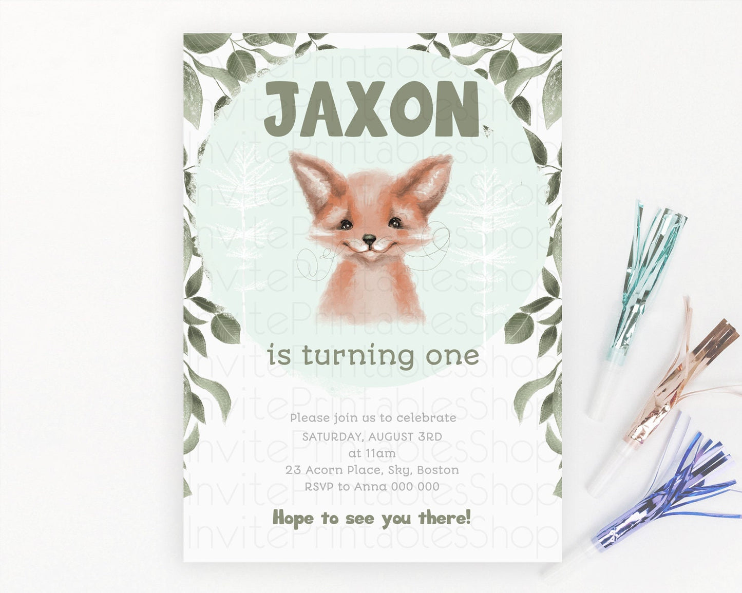 Fox Birthday Invitation Fox Invite Mr. Fox Birthday Green Fox Party Forest Adventure Enchanted Woods Wild One 1st 2nd 3rd Birthday D10124