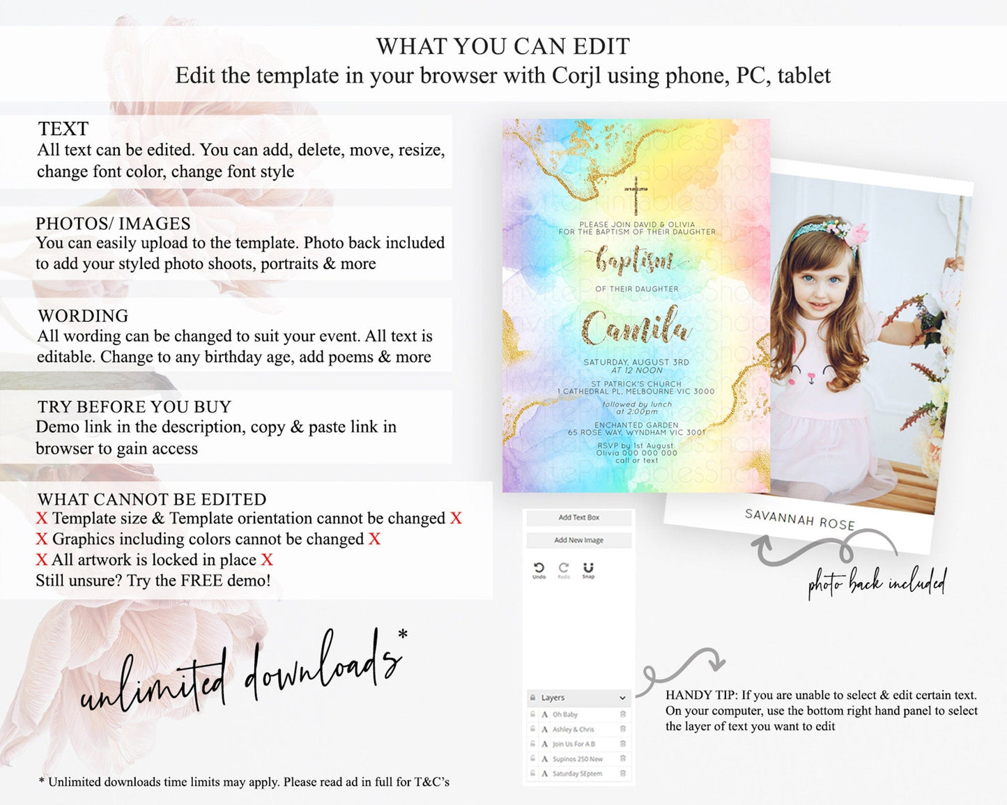 Pastel Baptism Invitation Pastel Colors Watercolor Baptism 1st Birthday Party Gold Ombre Pastel Rainbow Christening Holy Communion D10589