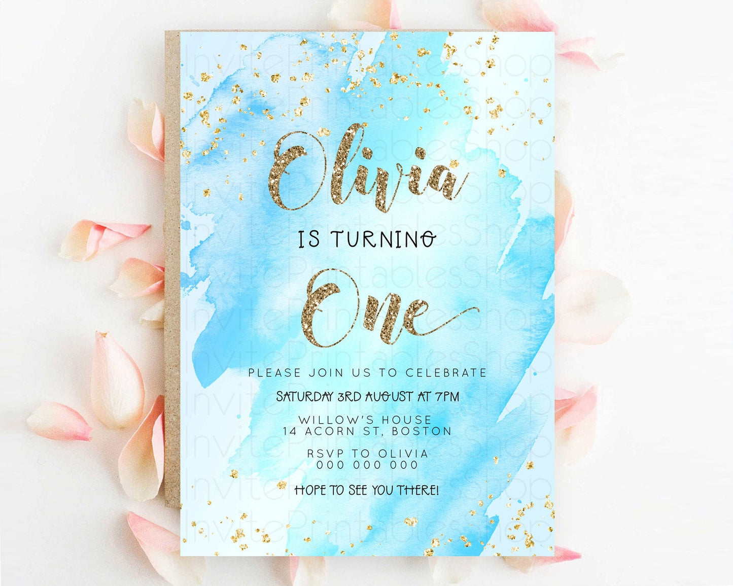 Blue Birthday Invitation Blue Watercolor Invitation Pastel Blue Watercolor Invitation Blue Splash Gold Invitation 1st First Birthday D23307