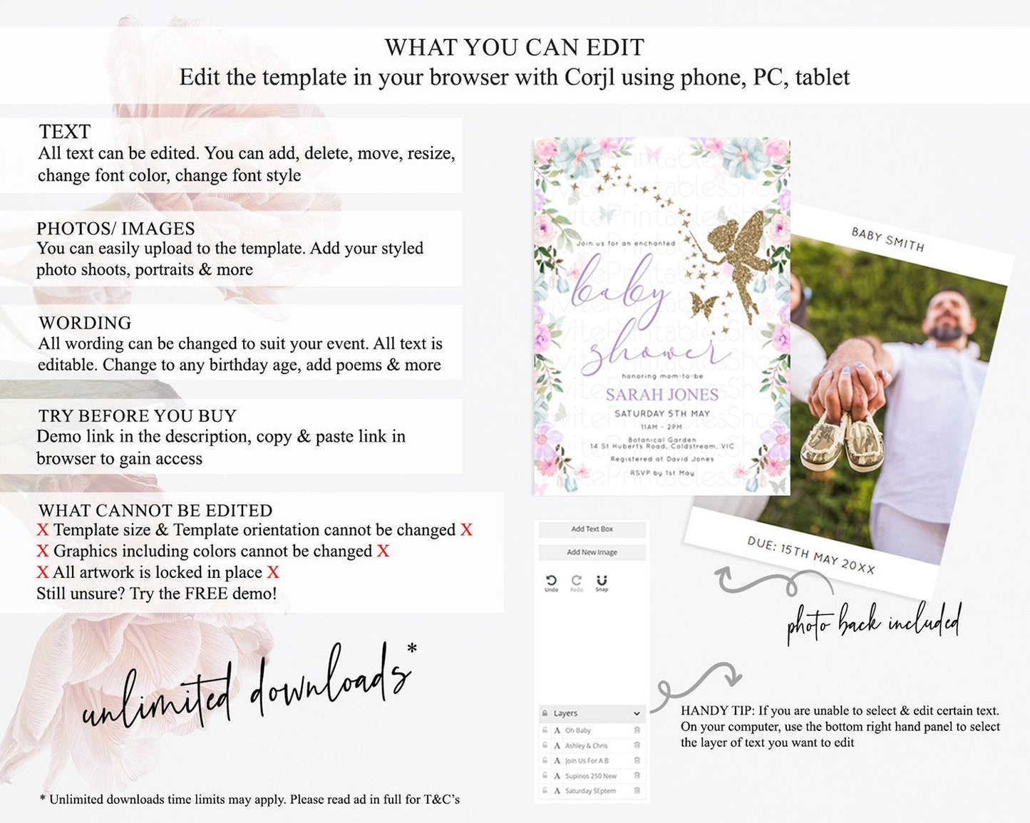 Fairy Baby Shower Invitation Pastel Fairy Invites Fairy Tea Party Fairy Garden Theme Secret Garden Enchanted Garden Floral Butterfly D10475