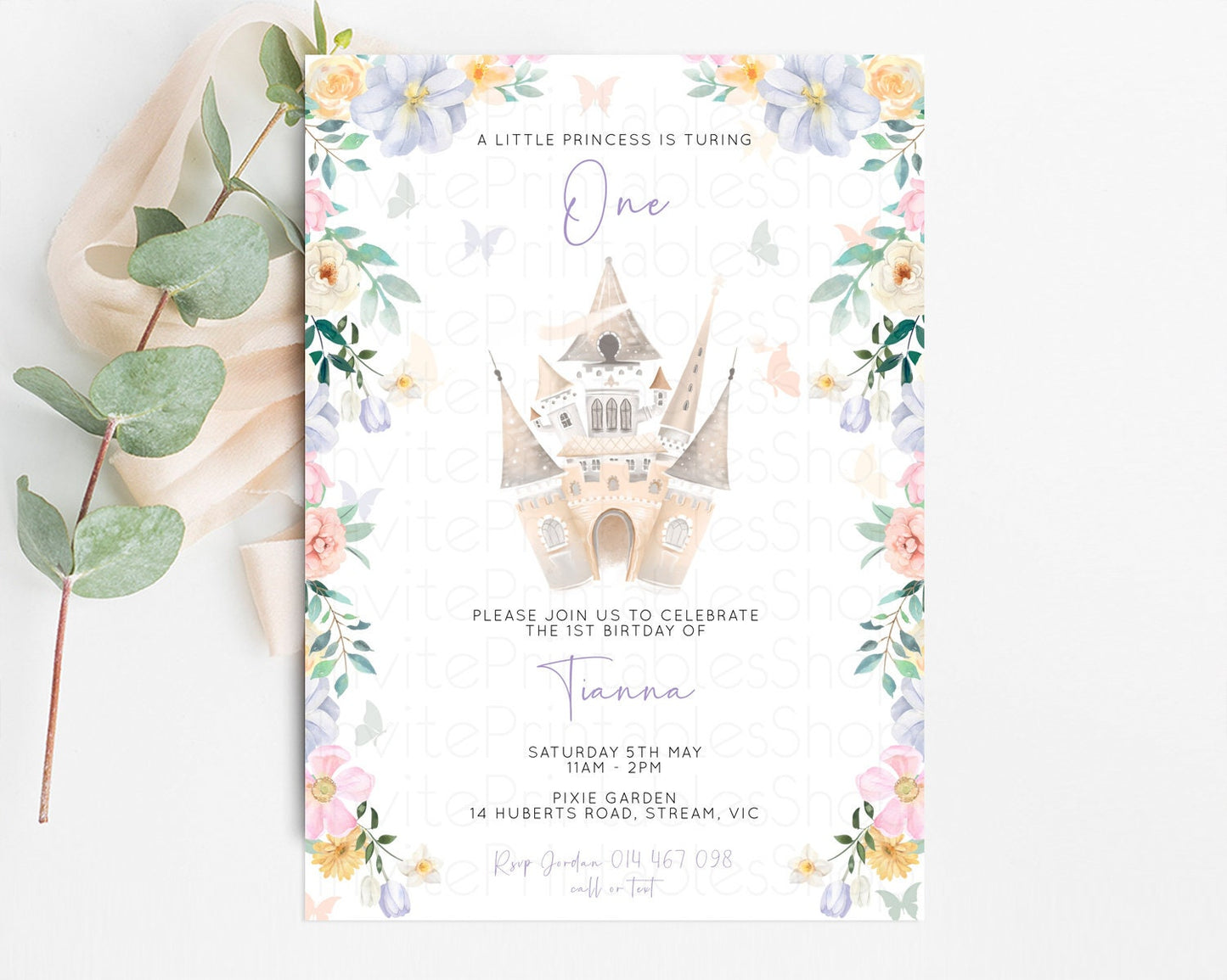 Castle Birthday Invitation Princess Birthday invite Enchanted Garden Invite Pastel Floral Invite Butterfly Garden Invite Royal Party C513