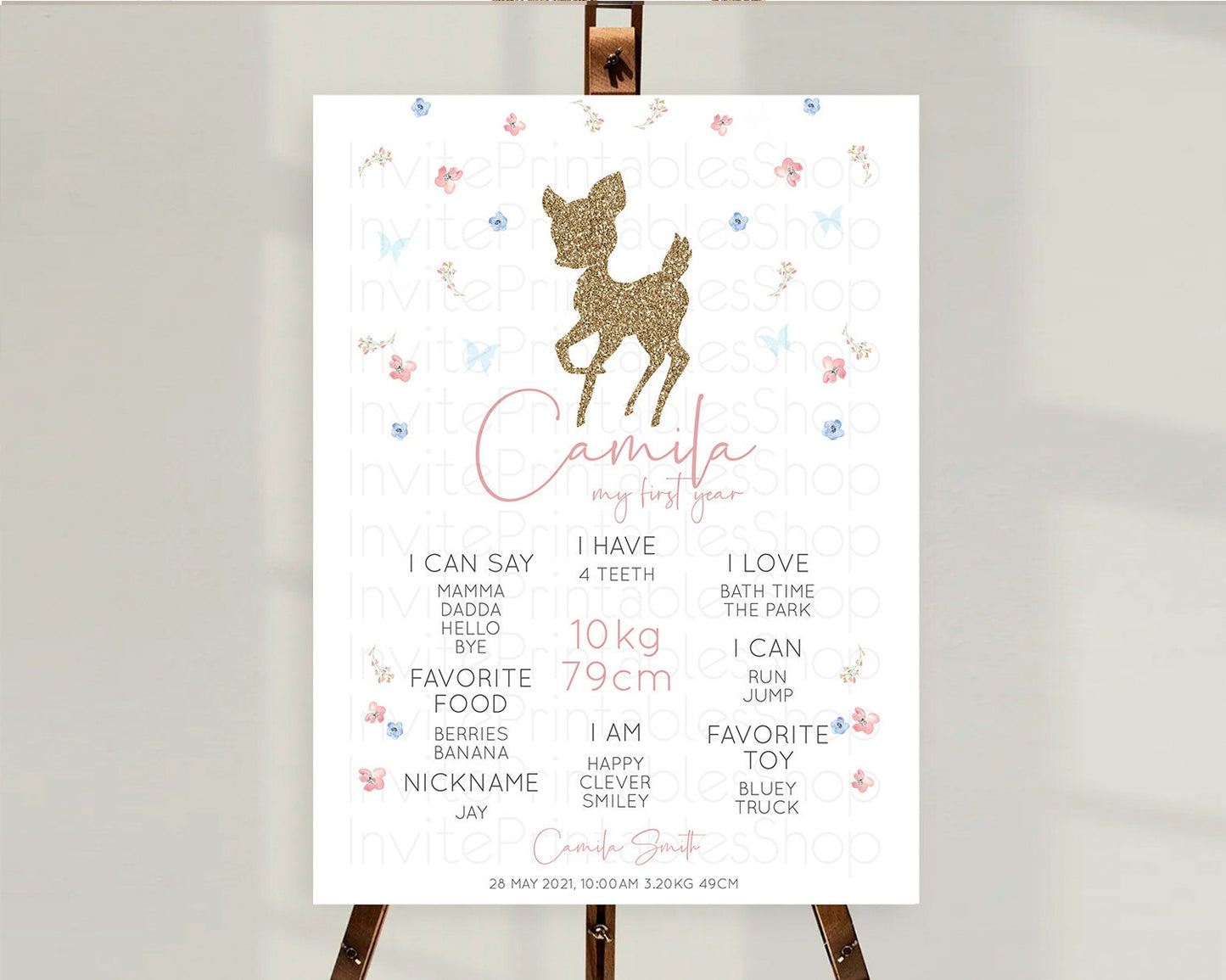 Fawn First Birthday Milestone Board Deer First Birthday Milestone Poster Enchanted Forest Butterfly Pastel Flowers 1st Birthday Sign D10359