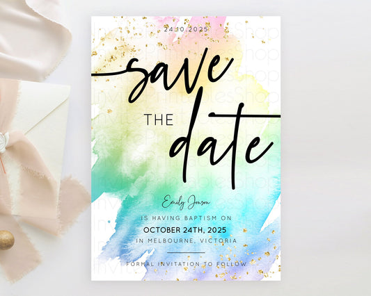 Pastel Save The Date Template Pastel Ombre Rainbow Watercolor Colorful Party For Birthday Baptism Baby Shower Wedding Bridal Shower D10256