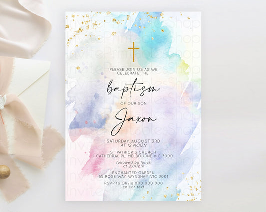 Editable Pastel Baptism Invitation Pastel Colors Watercolor Baptism 1st Birt