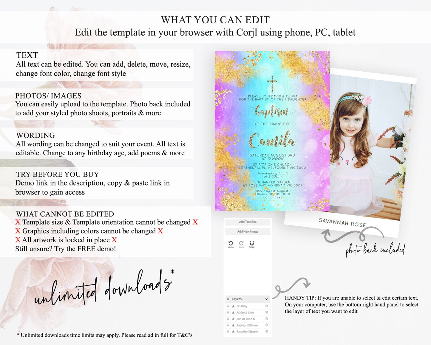 Pastel Baptism Invitation Pastel Colors Watercolor Baptism 1st Birthday Party Gold Ombre Pastel Rainbow Christening Holy Communion D10564