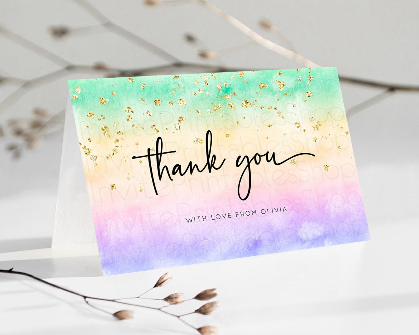 Pastel Thank You Rainbow Thank You Card Colorful Pastel Birthday Thank You Card Confetti Watercolor Pastel Teacher Thank You Cards D10485