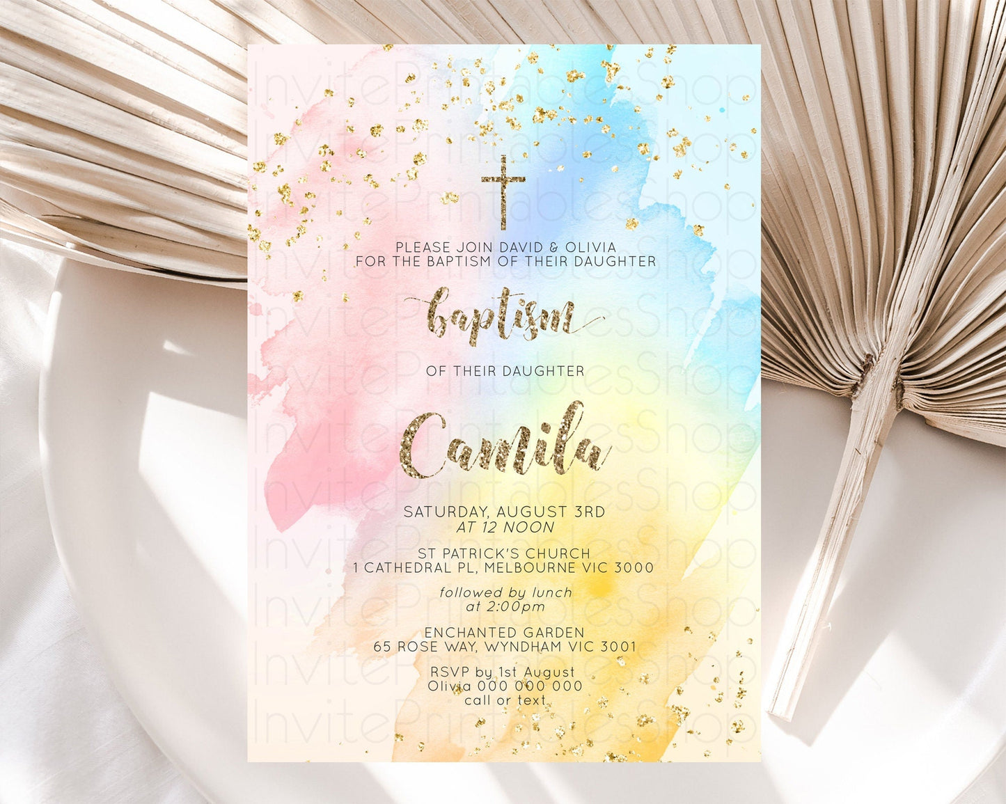 Pastel Baptism Invitation Pastel Colors Watercolor Baptism 1st Birthday Party Gold Ombre Pastel Rainbow Christening Holy Communion D10556