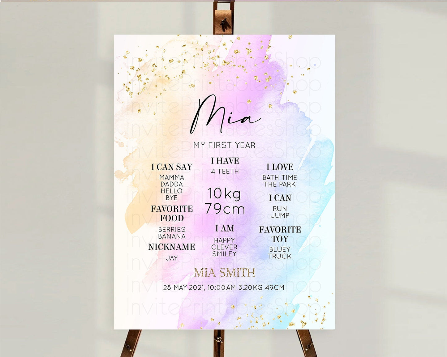 Pastel First Birthday Milestone Board Pastel Rainbow Milestone Poster Colorful Confetti Watercolor Glitter 1st Birthday Welcome Sign D10175