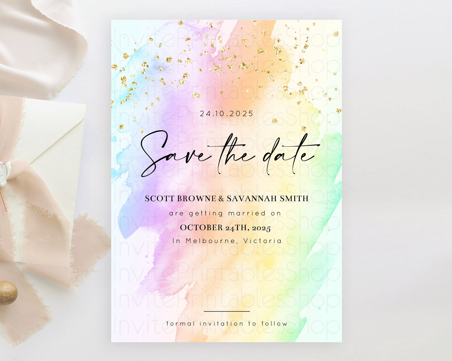 Pastel Save The Date Template Pastel Ombre Rainbow Watercolor Colorful Party For Birthday Baptism Baby Shower Wedding Bridal Shower D10645