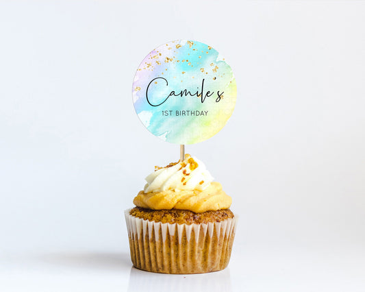 Editable Rainbow Cupcake Toppers Pastel Cupcake Toppers Colorful Pastel Wate