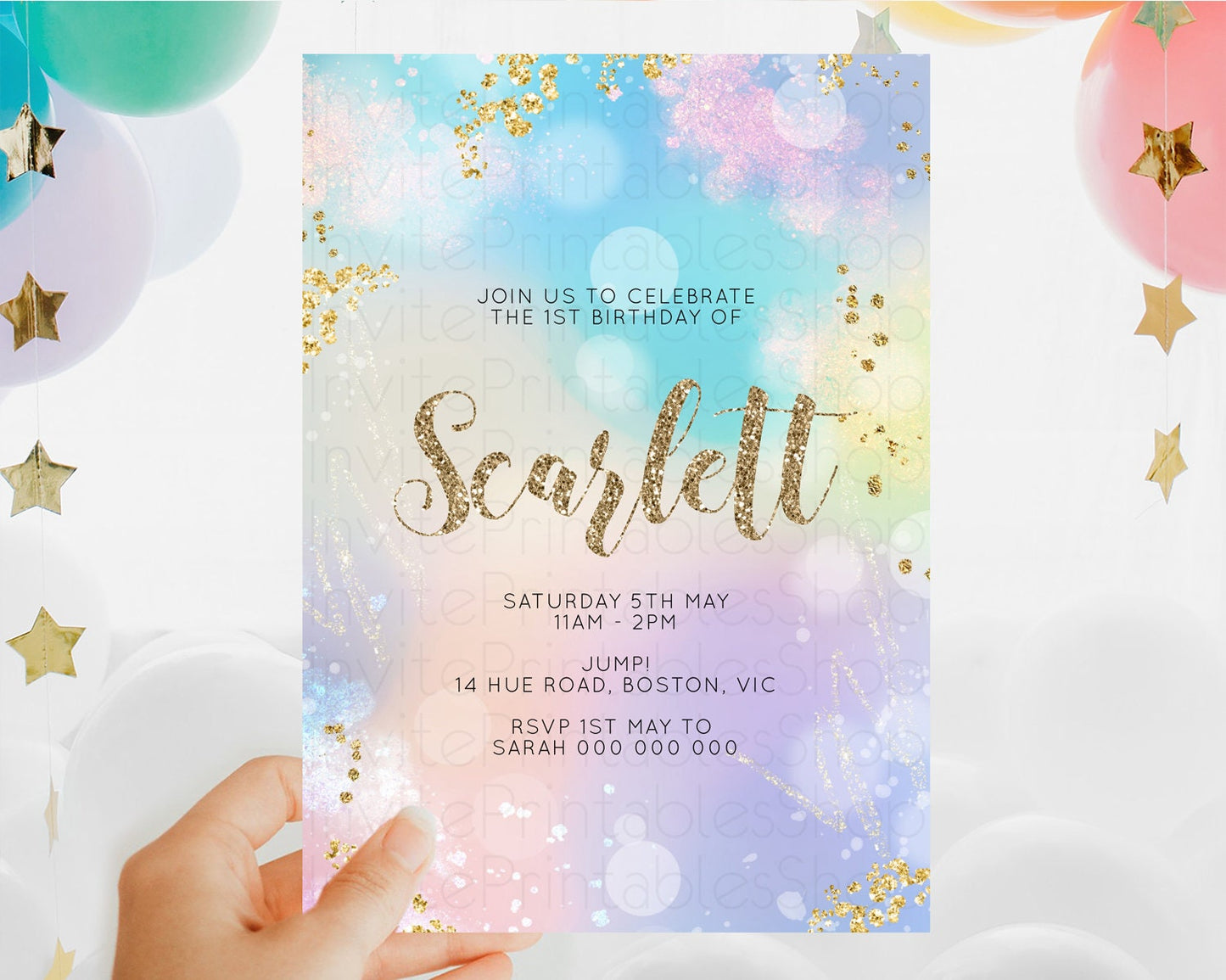 Rainbow Birthday Invitation Colorful Pastel Watercolor Invitation Gold Glitter Sprinkles Ombre Pastel 1st 2nd 3rd Birthday D10677