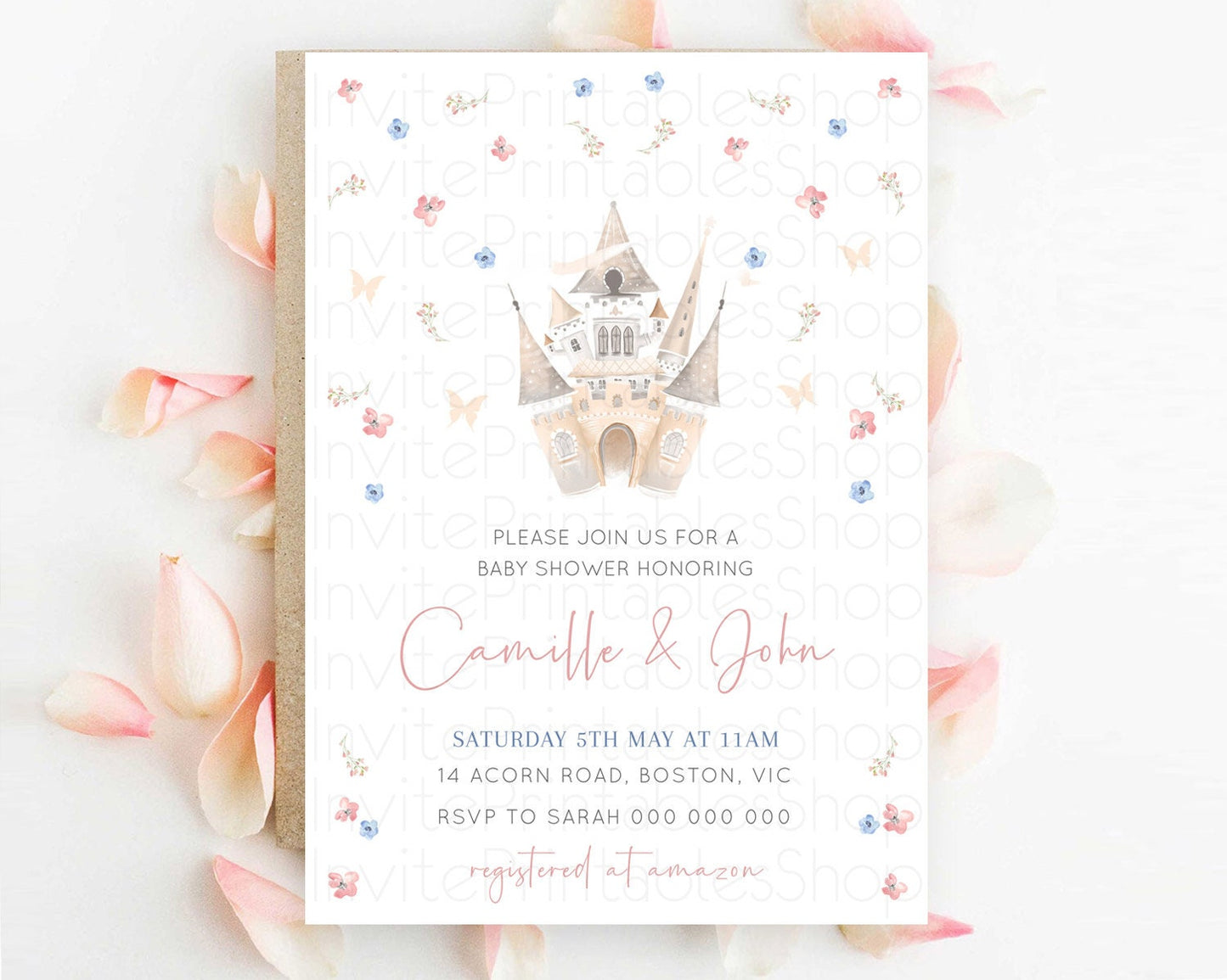 Editable Pastel Princess Baby Shower Invitation Floral Castle Invitation Roy