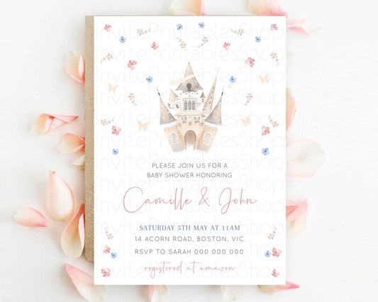 Editable Pastel Princess Baby Shower Invitation Floral Castle Invitation Roy