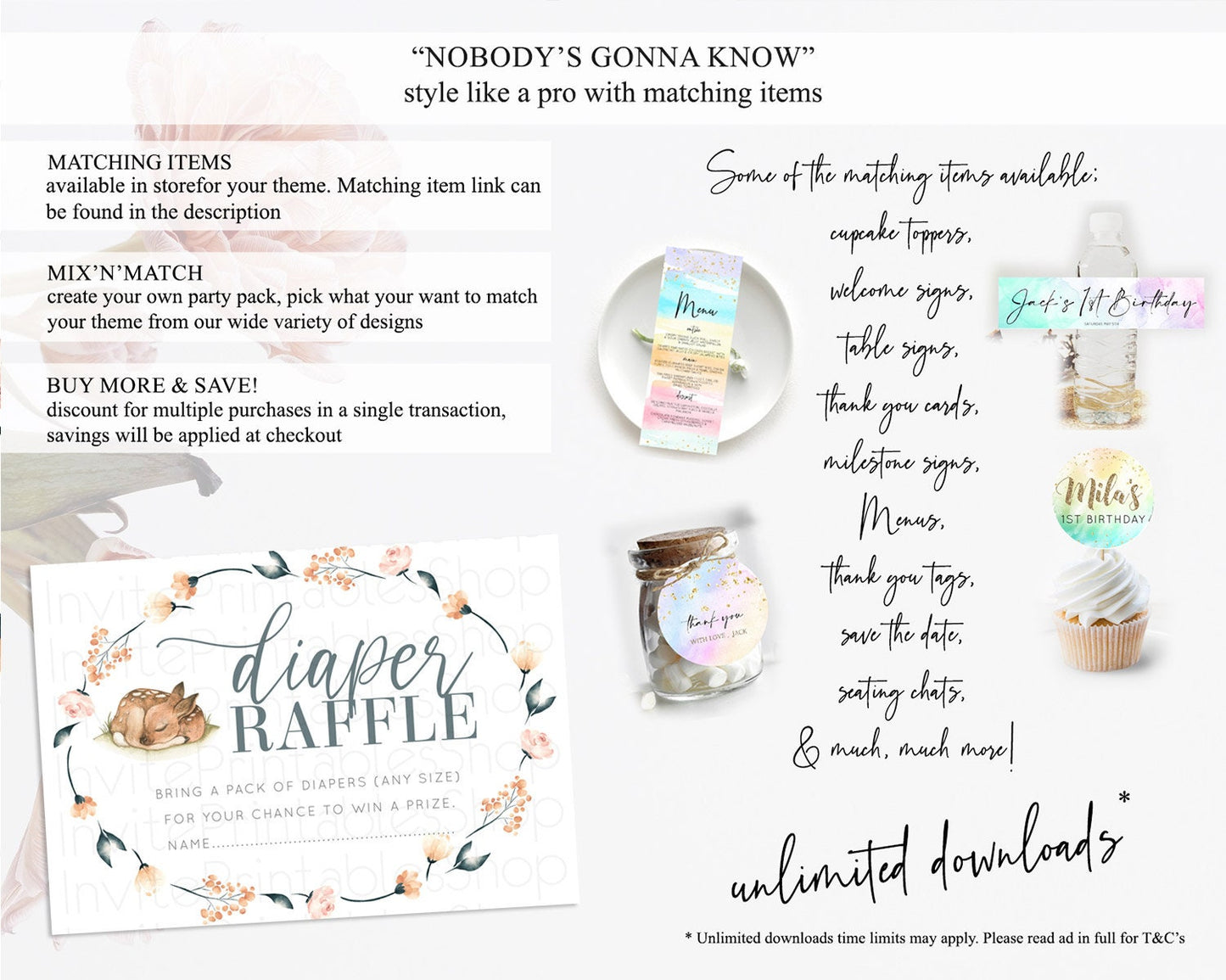 Fawn Diaper Raffle Card Deer Diaper Insert Floral Deer Diaper Ticket Enchanted Forest Butterfly Pastel Baby Shower Raffle Game D10790