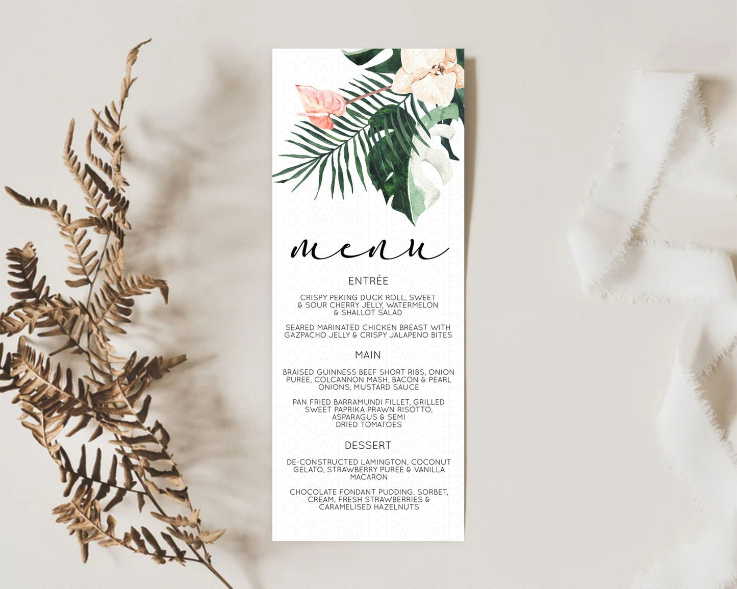 Tropical Menu Template Tropical Menu Palm Leaf Fern Table Decor Frangipani Floral White Orchid Dinner Dessert Menu Party Food Menu D11016