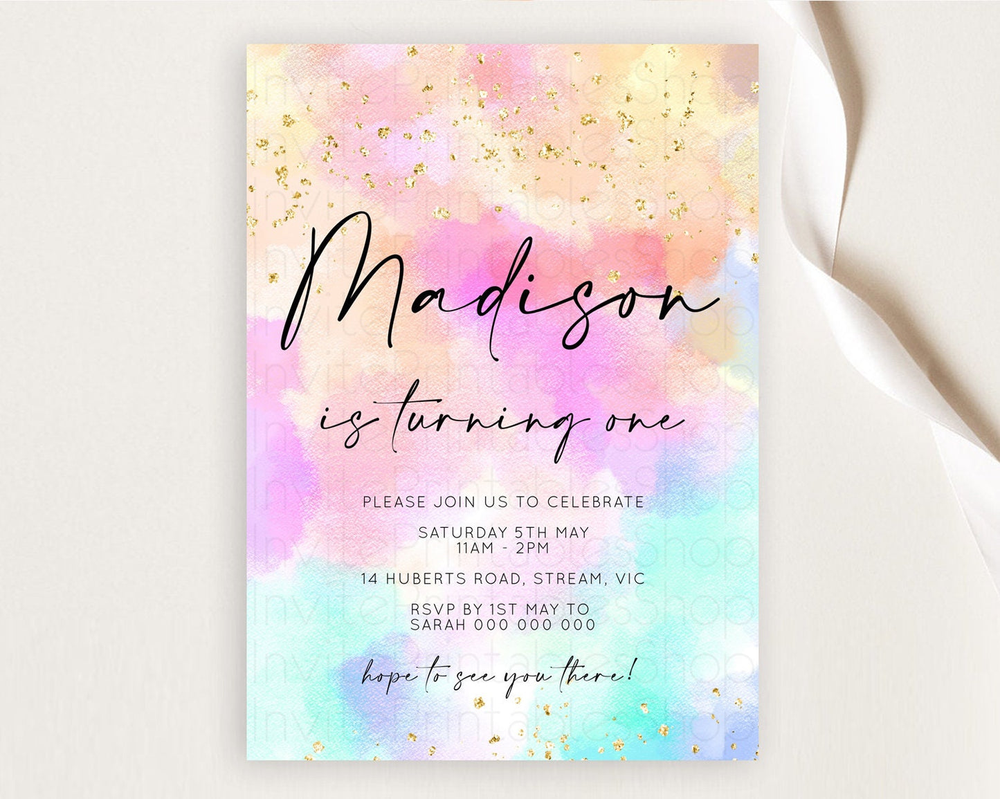 Rainbow Birthday Invitation Colorful Pastel Watercolor Invitation Gold Glitter Sprinkles Ombre Pastel 1st 2nd 3rd Birthday D10667