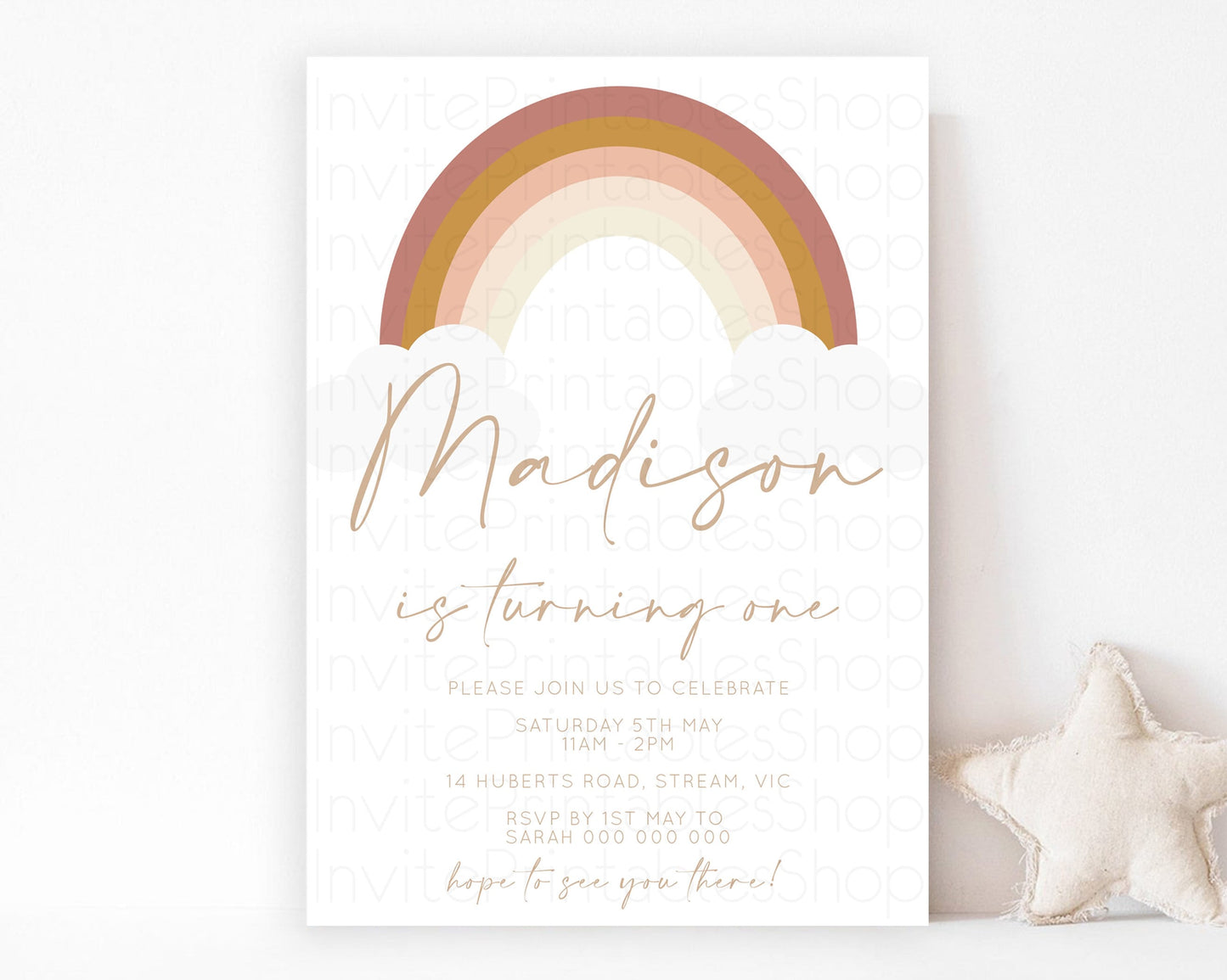 Boho Rainbow Birthday Invitation Pastel Invitation Heart Rainbow Invite Watercolor Orange Brown Earthy Clouds 1st 2nd 3rd Birthday 190