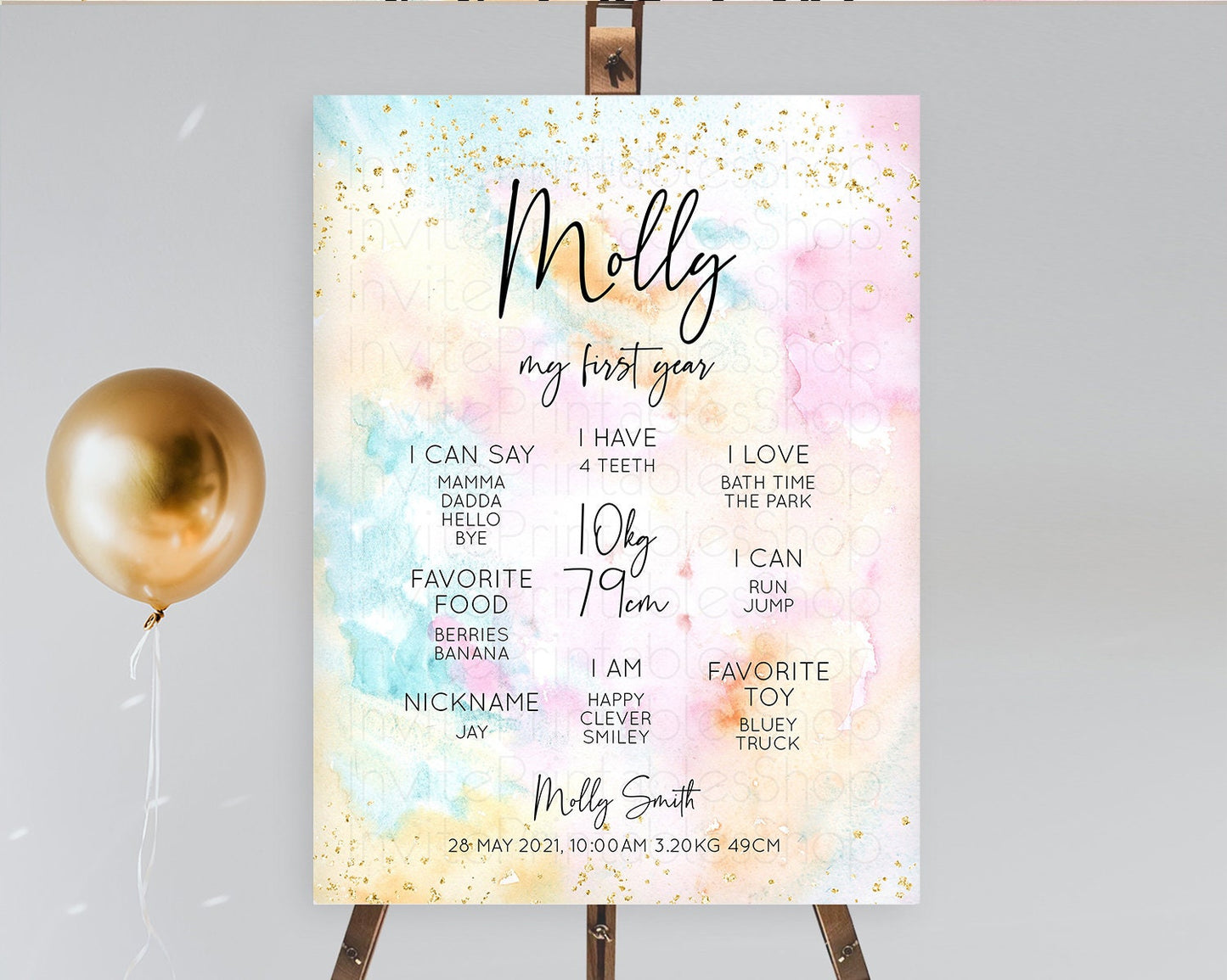 Pastel First Birthday Milestone Board Pastel Rainbow Milestone Poster Colorful Confetti Watercolor Glitter 1st Birthday Welcome Sign D10548