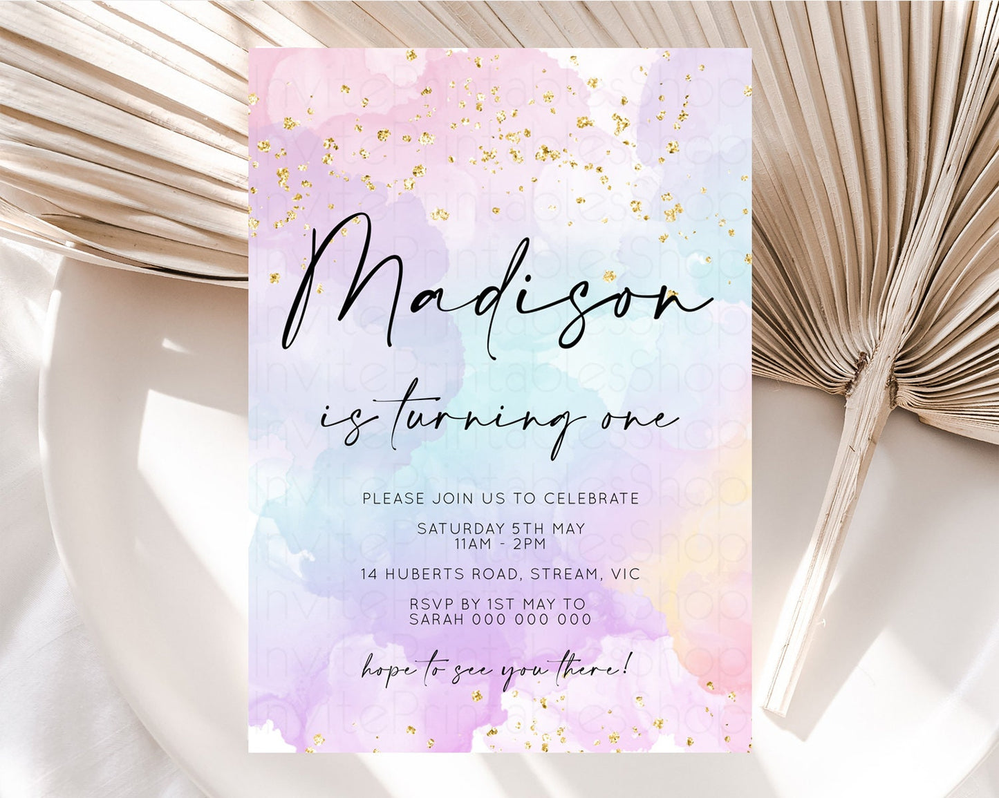 Rainbow Birthday Invitation Pastel Birthday Invitation Ombre Rainbow Invite Colorful Watercolor Invite Glitter Sprinkle Invitation 599v1