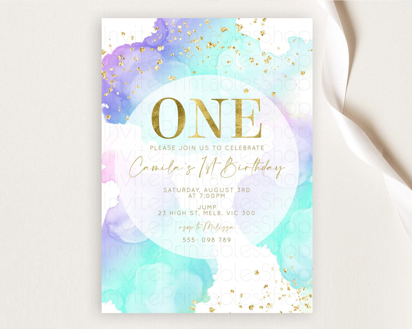 Rainbow Birthday Invitation Colorful Pastel Watercolor Invitation Gold Glitter Sprinkles Ombre Pastel 1st 2nd 3rd Birthday D10212