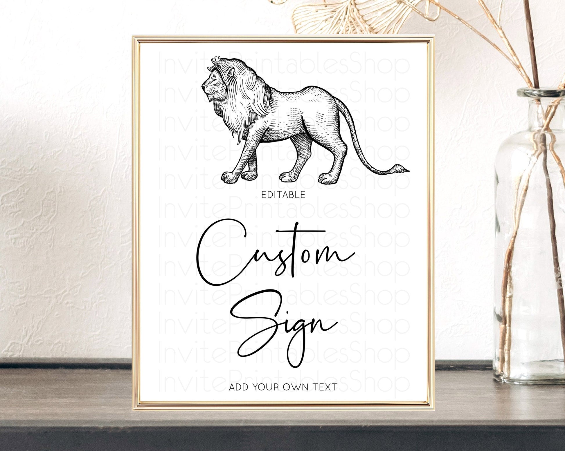 Editable Lion Table Sign Decor Lion Safari Adventure Party Dried Palm Ferns