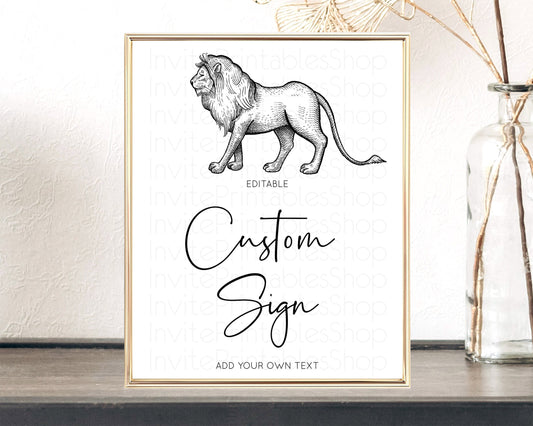 Editable Lion Table Sign Decor Lion Safari Adventure Party Dried Palm Ferns