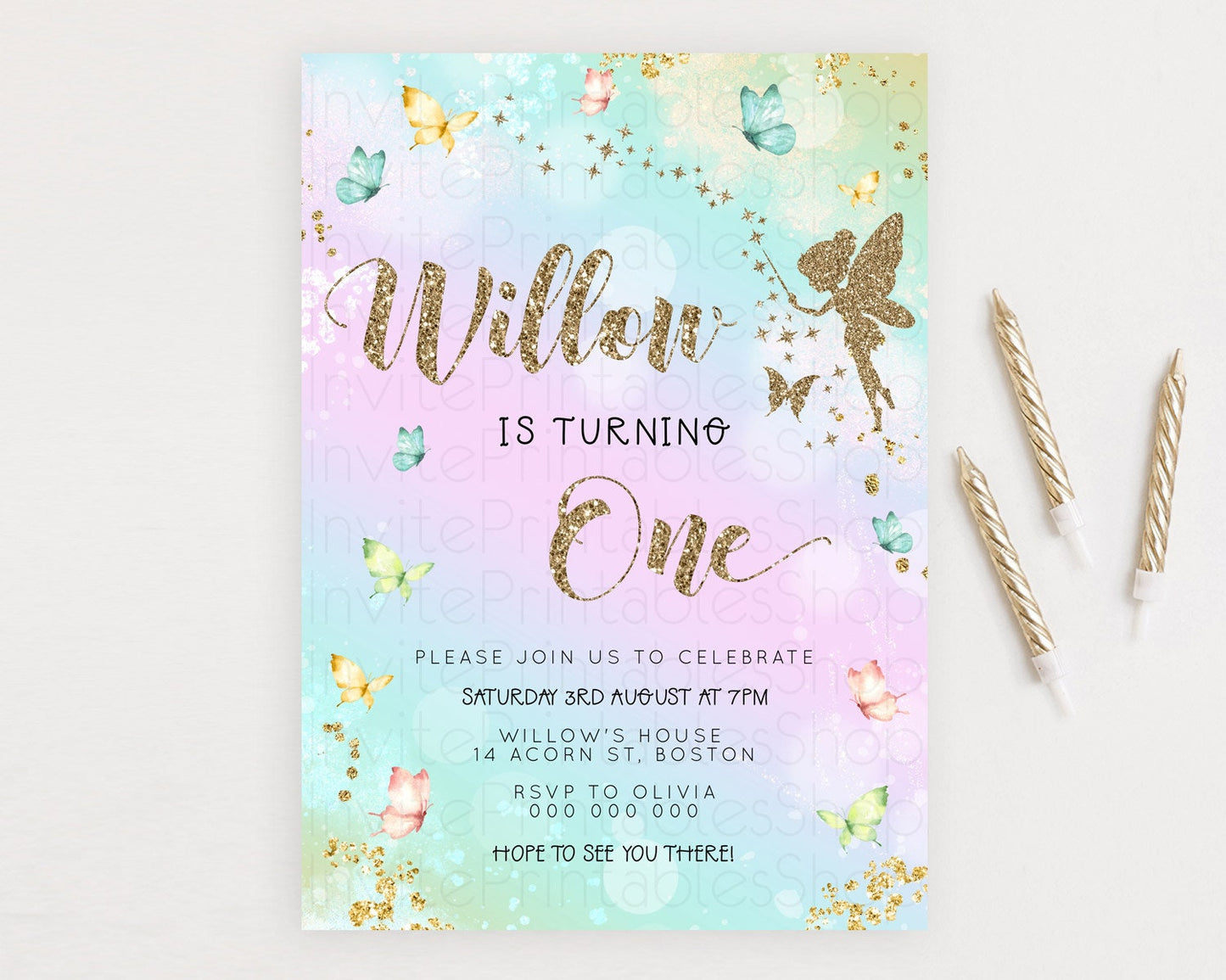 Pastel Fairy Birthday Invitation Pastel Butterflies Fairy Birthday Invitation Rainbow Ombre Watercolor 1st 2nd Birthday Invitation D23162