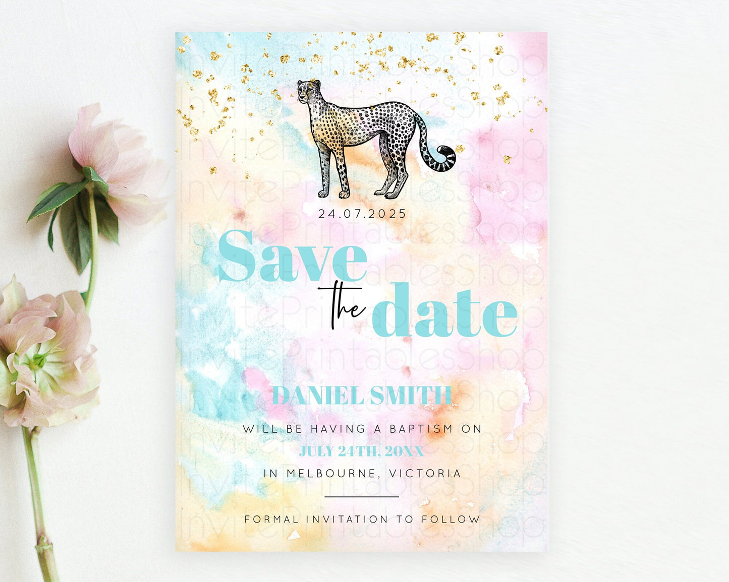 Pastel Cheetah Save The Date Template Rainbow Watercolor Cheetah Party Save The Date Colorful Cheetah Birthday Baptism Baby Shower D10289