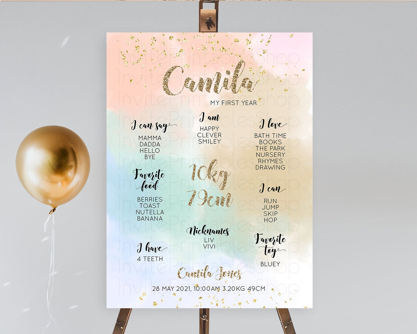Pastel First Birthday Milestone Board Pastel Rainbow Milestone Poster Colorful Confetti Watercolor Glitter 1st Birthday Welcome Sign D10377