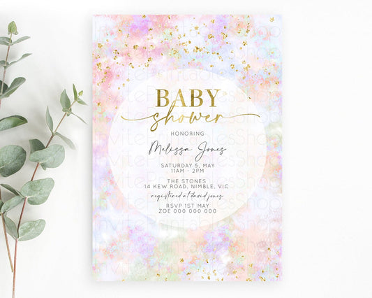 Pastel Baby Shower Invitation Rainbow Baby Shower Invitation Colorful Pastel Watercolor Invitation Gold Glitter Sprinkles Ombre D10649