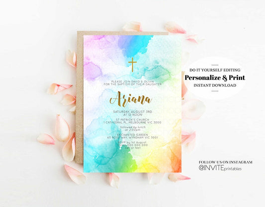 Rainbow Baptism Invitation Pastel Watercolor Christening Invitation Vibrant Colorful Splash Gold Foil Multi Color Communion Orthodox Cross