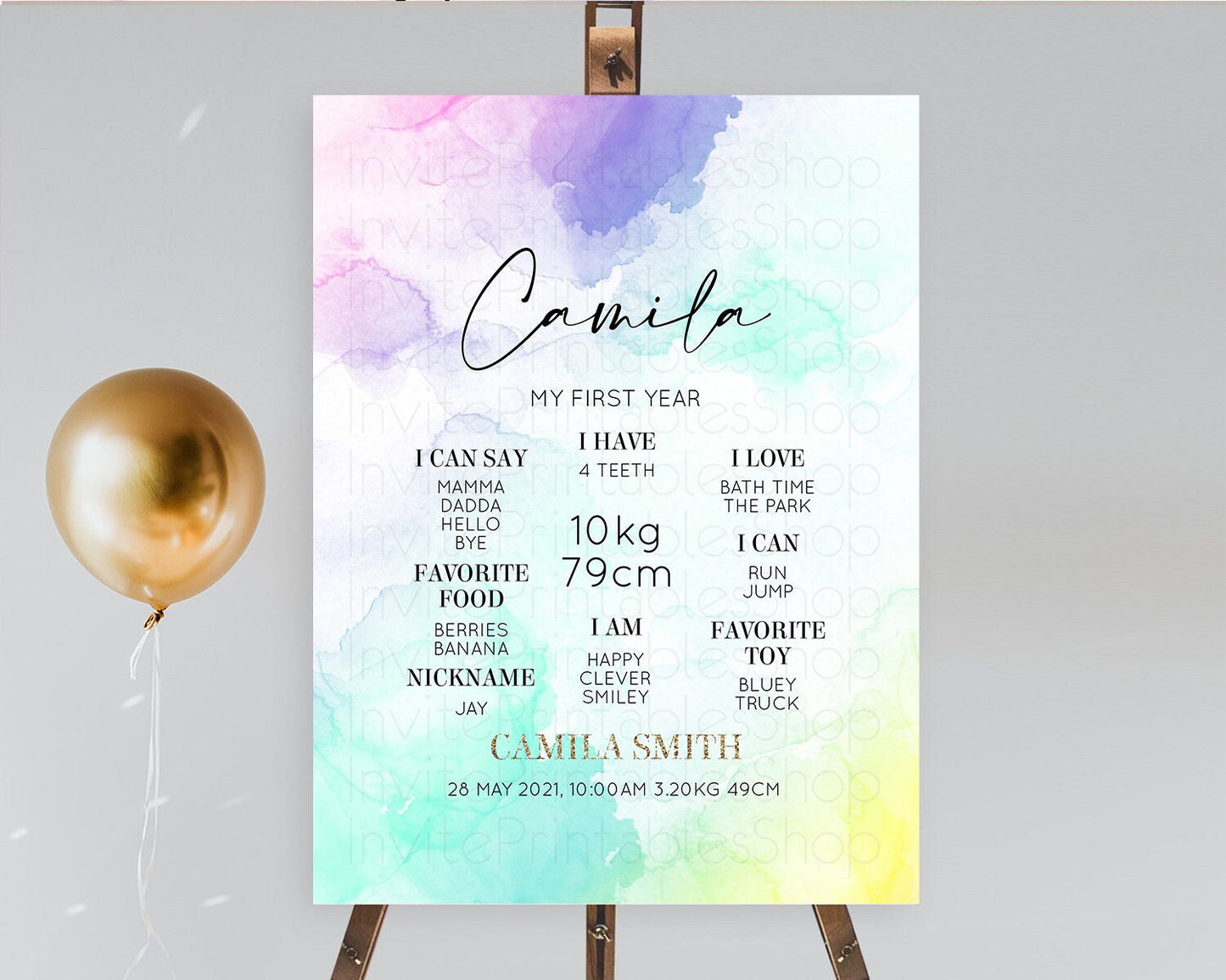 Pastel First Birthday Milestone Board Pastel Rainbow Milestone Poster Colorful Confetti Watercolor Glitter 1st Birthday Welcome Sign D10157