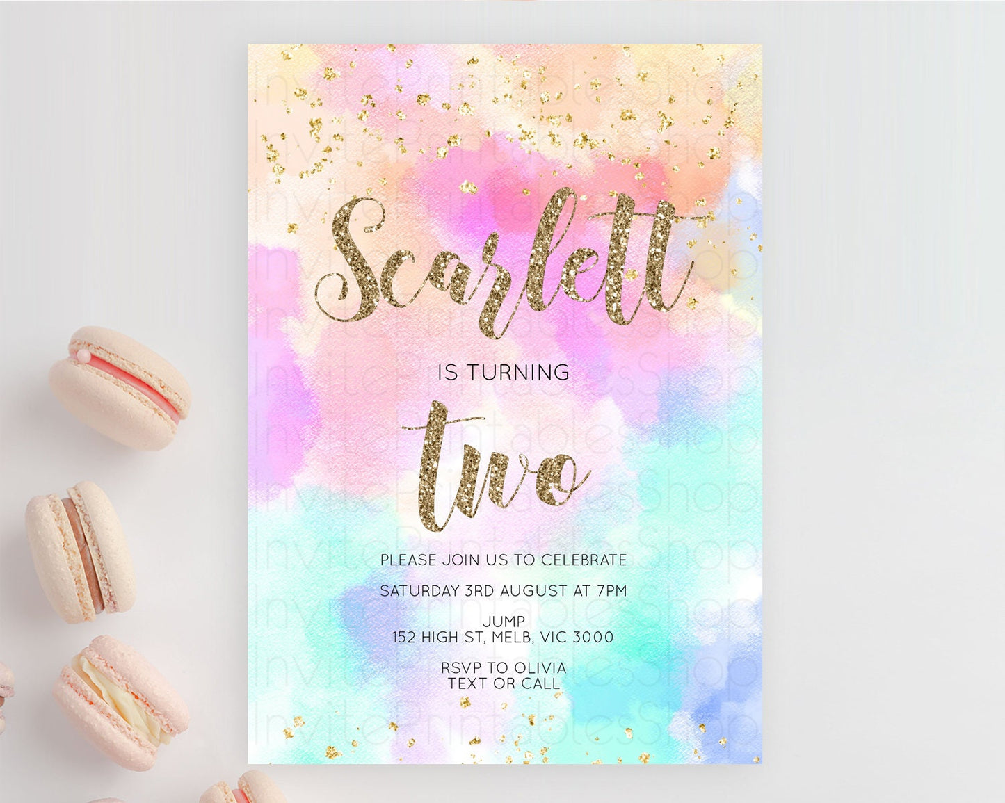 Rainbow Birthday Invitation Colorful Pastel Watercolor Invitation Gold Glitter Sprinkles Ombre Pastel 1st 2nd 3rd Birthday D10669