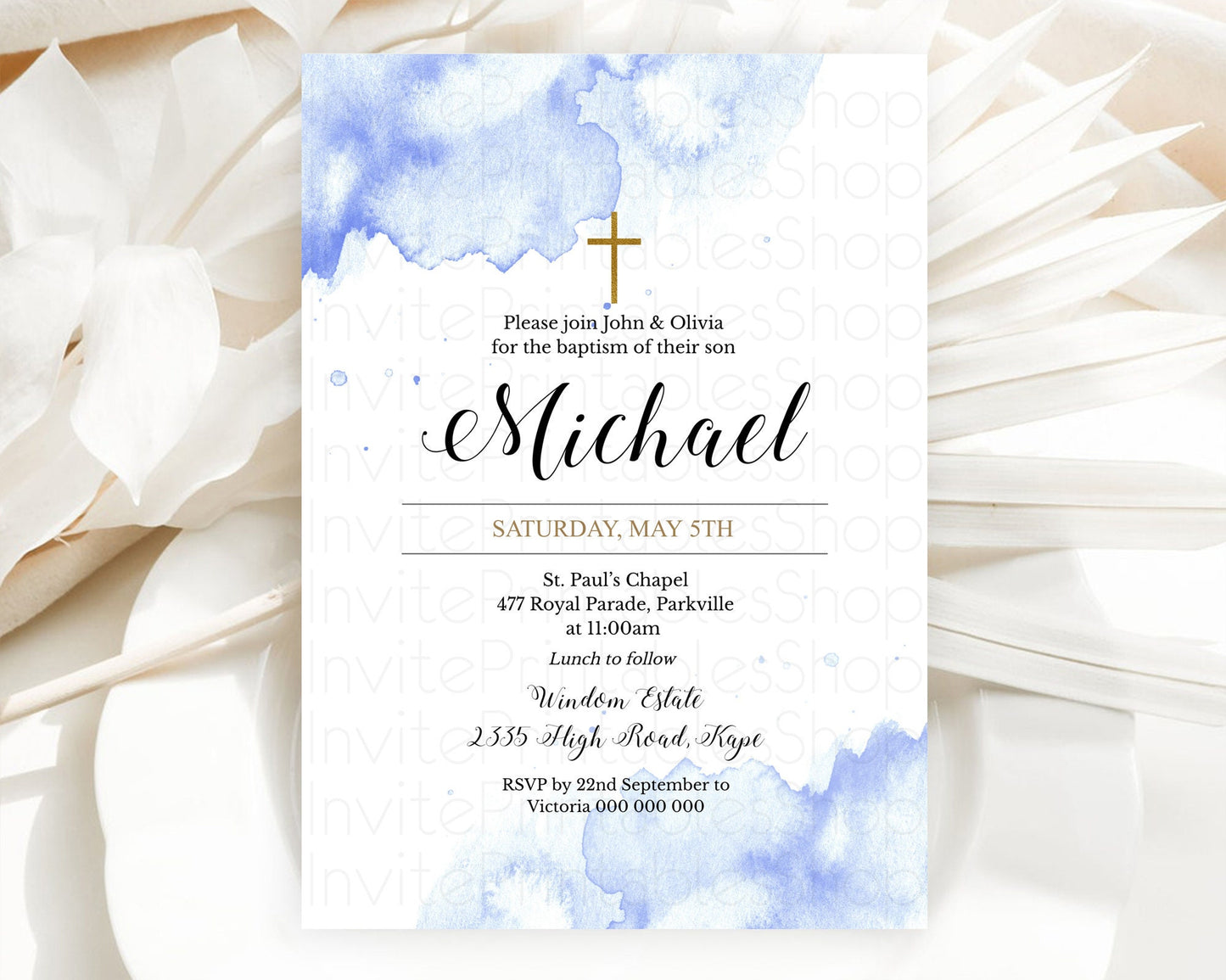 Blue Baptism Invitation Blue Watercolor Baptism 1st Birthday Invitation Pastel Blue Watercolor Christening Invite Blue Splash D10313