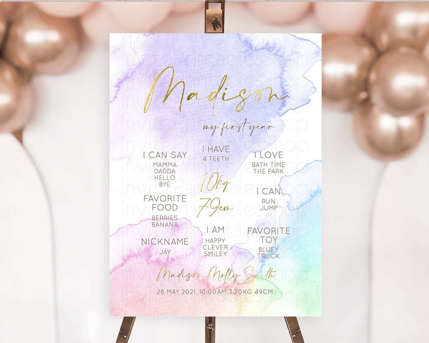 Pastel First Birthday Milestone Board Pastel Rainbow Milestone Poster Colorful Confetti Watercolor Glitter 1st Birthday Welcome Sign D10215