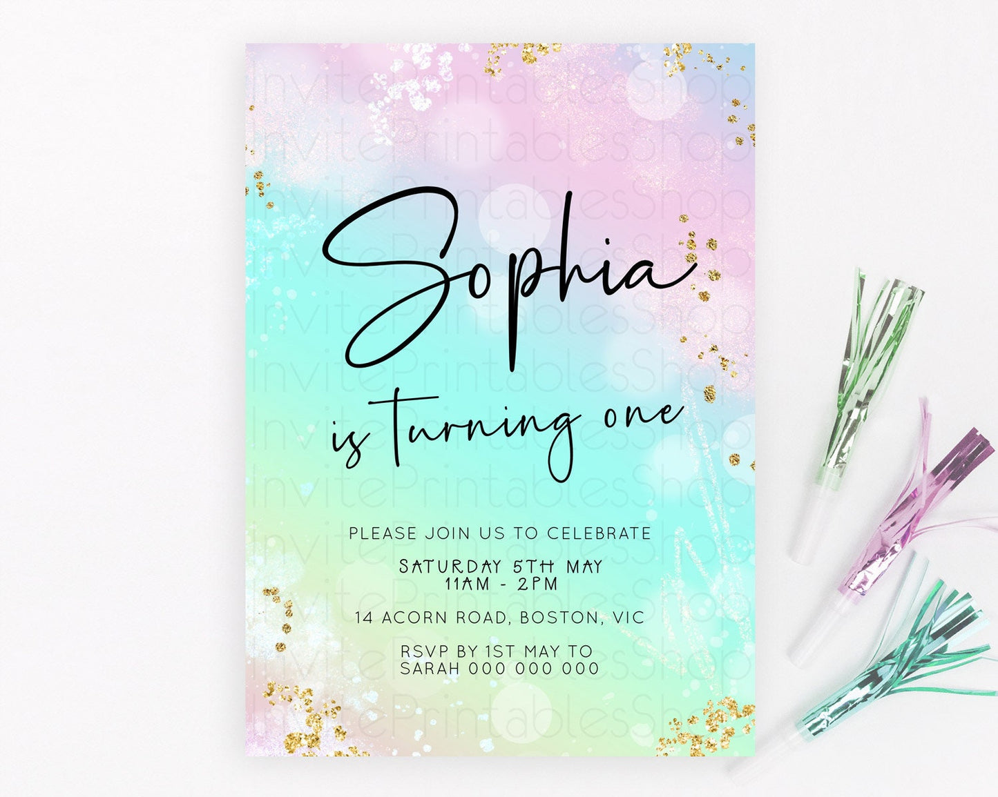 Pastel Birthday Invitation Ombre Watercolor Birthday Invitation Glitter Rainbow Color Splash 1st 2nd 3rd Birthday Invitation D23097