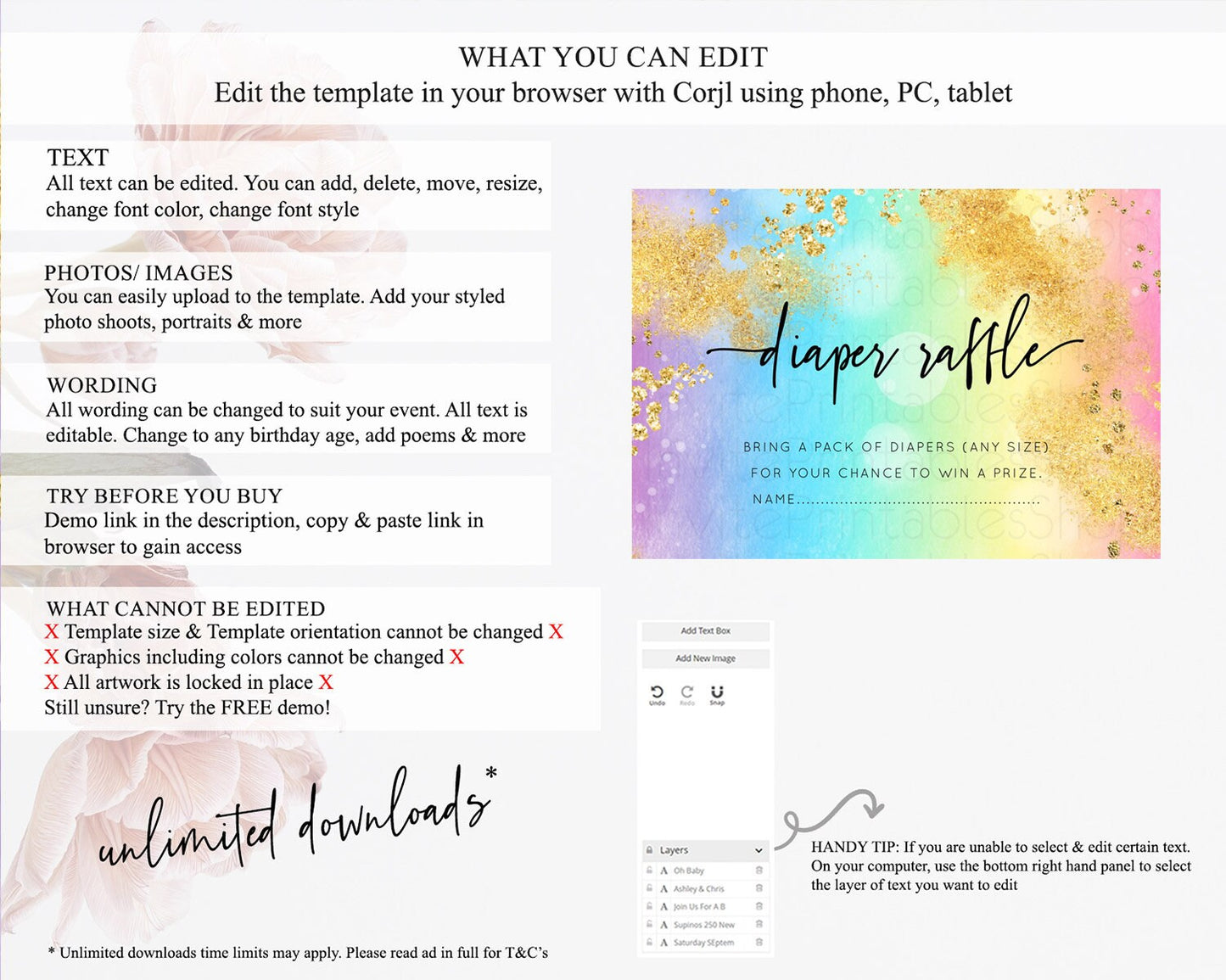 Pastel Diaper Raffle Card Pastel Rainbow Diaper Raffle Insert Colorful Ombre Watercolor Diaper Ticket Confetti Glitter Raffle Game D10559