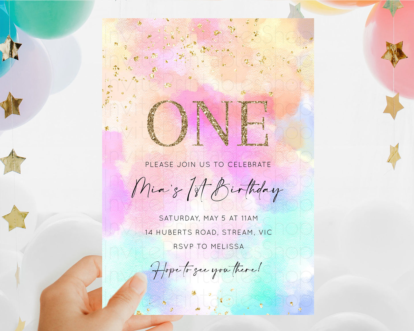 Rainbow Birthday Invitation Colorful Pastel Watercolor Invitation Gold Glitter Sprinkles Ombre Pastel 1st 2nd 3rd Birthday D10667