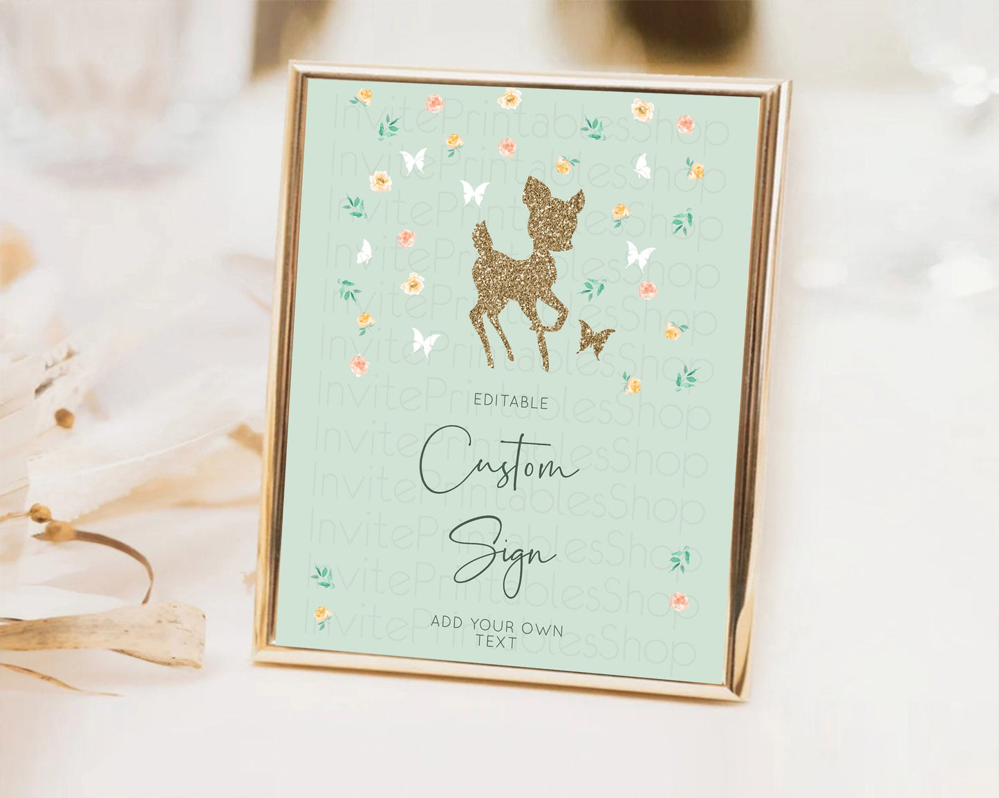 Fawn Deer Sign Pastel Floral Deer Table Sign Decor  Enchanted Forest Butterfly Party 1st Birthday Baptism Baby Shower Bridal Shower D10385