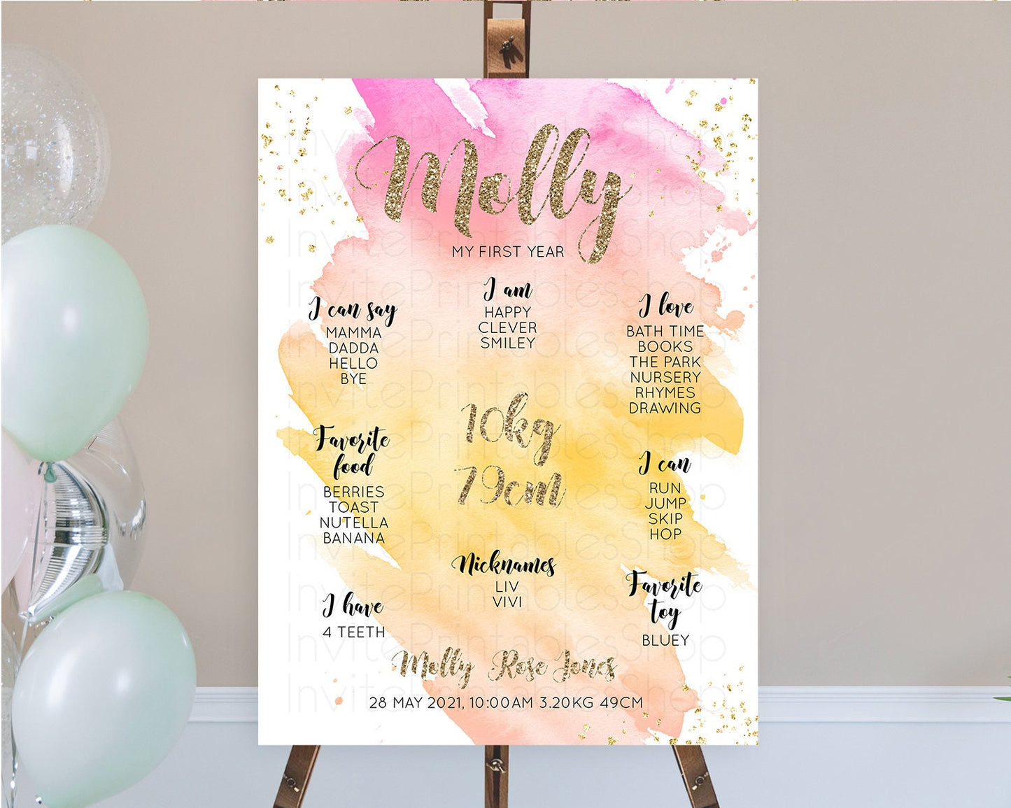 Pastel First Birthday Milestone Board Pastel Rainbow Milestone Poster Colorful Confetti Watercolor Glitter 1st Birthday Welcome Sign D10526