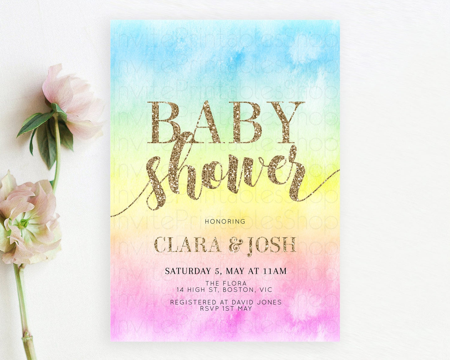 Pastel Baby Shower Invitation Rainbow Baby Shower Invitation Colorful Pastel Watercolor Invitation Gold Glitter Sprinkles Ombre D10479